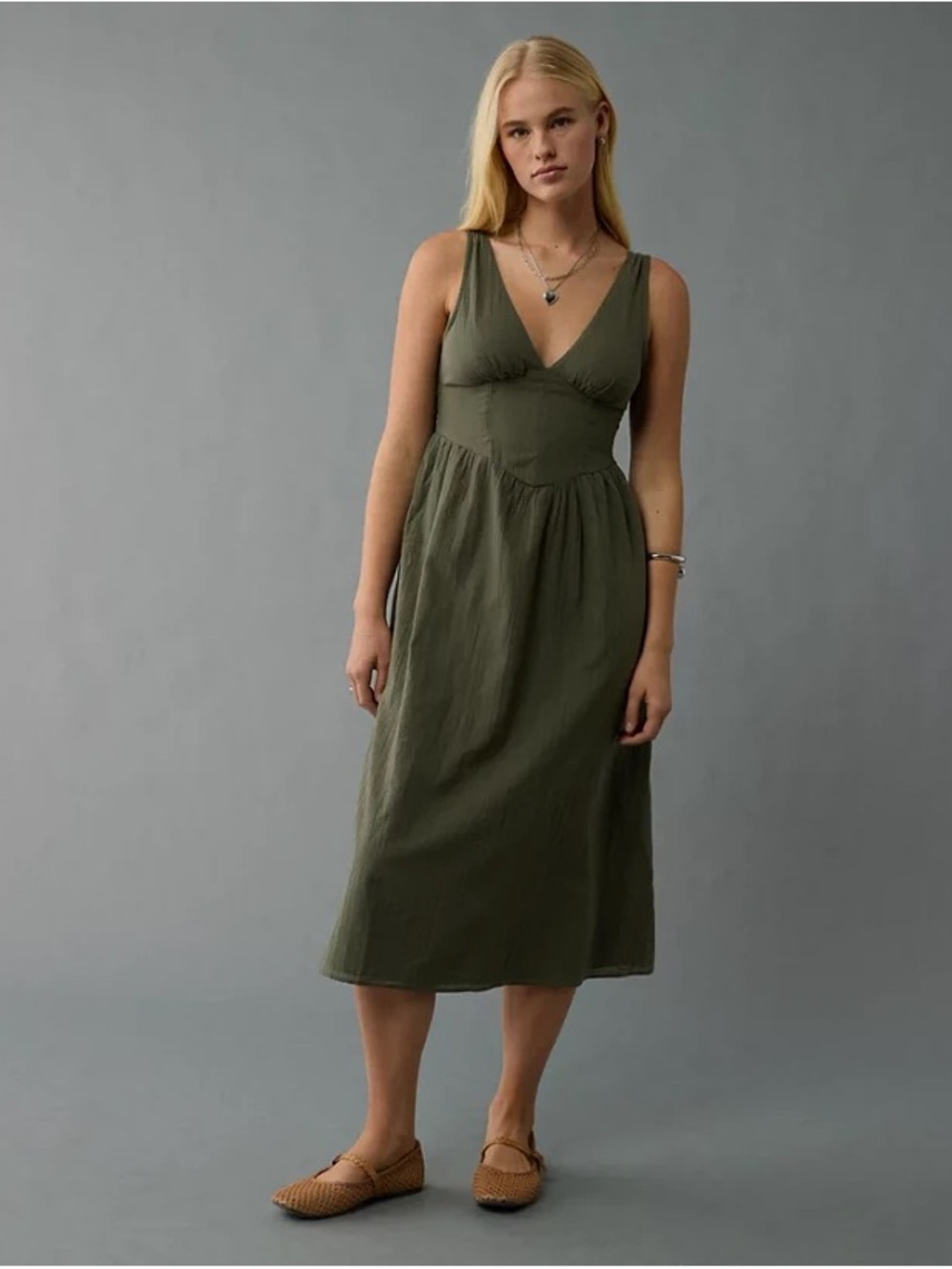 American Eagle Outfitters Olive Green V-Neck Midi Dress